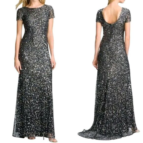 Adrianna Papell Gown Formal Holiday Sequined Fishtail Bustle Train Navy Silver 6 - Picture 3 of 17